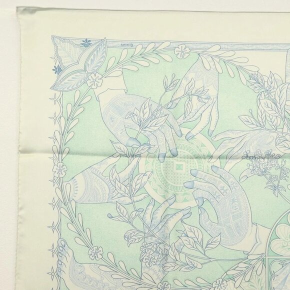 HERMES Carre 90 Scarf ""Les chants du Henne"" Silk Peppermint Auth am8731 - Picture 6 of 15